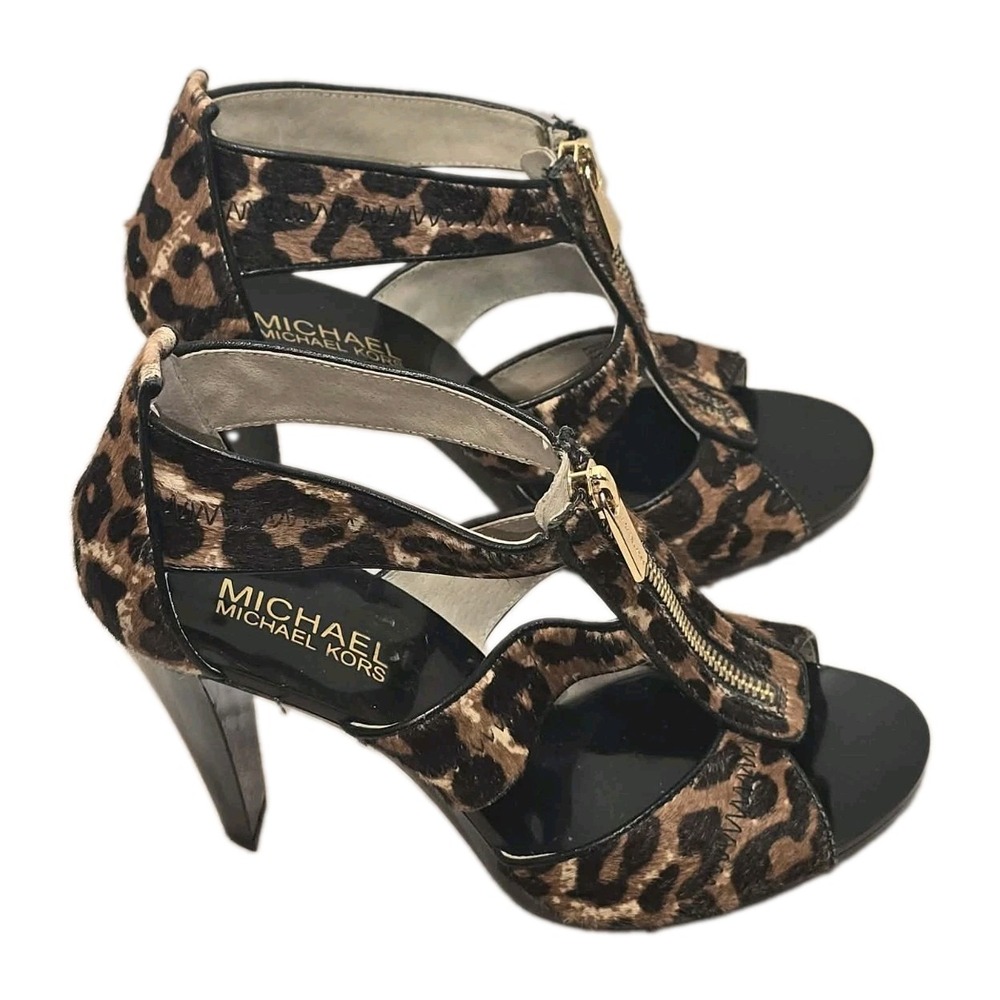 Michael Kors Leopard Calf‎ Hair T-Strap Heels Peep Toe Sandals Women's 6M
